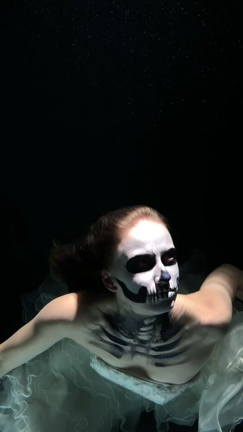 Skeleton Bride under the Water. Halloween Concept Stock Footage 142050925