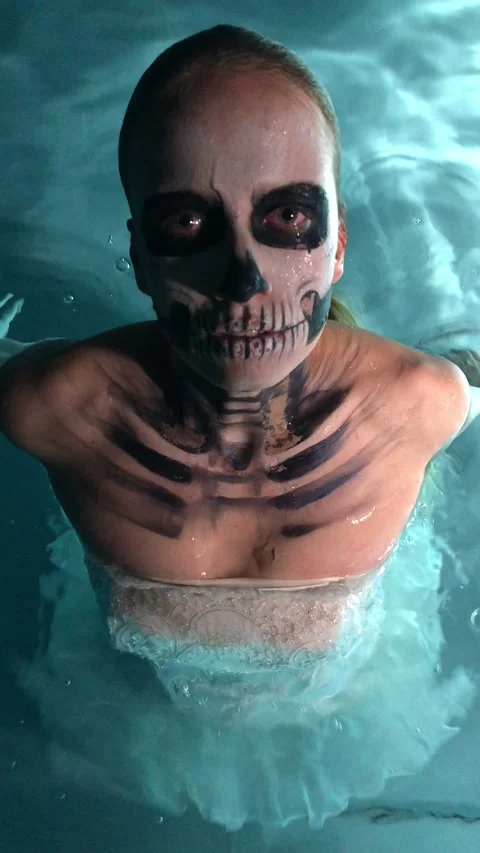 Skeleton Bride under the Water. Halloween Concept Stock Footage 142050990