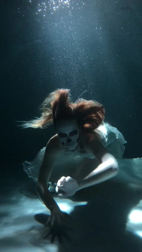 Skeleton Bride under the Water. Halloween Concept Stock Footage 142051027