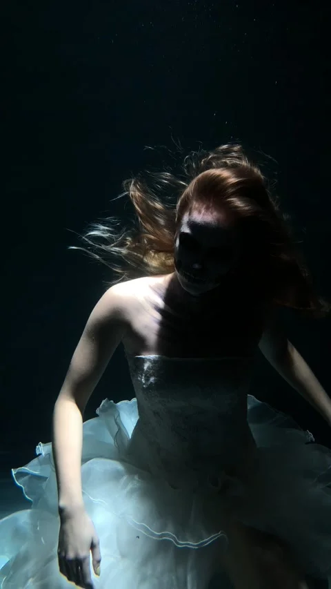 Skeleton Bride under the Water. Halloween Concept Stock Footage 142051047