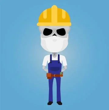 Skeleton builder with hygiene mash yellow helmet blue overalls and tools belt Stock Illustration