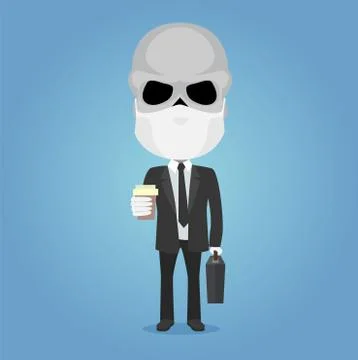 Skeleton businessman holding a coffee cup and a suitcase with antivirus mask Stock Illustration