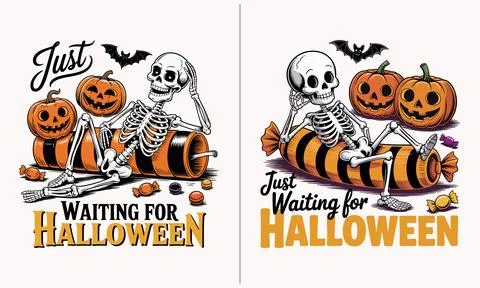Skeleton with candy pumpkins bat halloween just waiting for spooky season t.. Stock Illustration