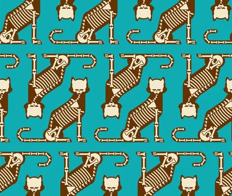 Skeleton cat pattern seamless. Cat skull and bones background. Baby fabric or イラスト素材
