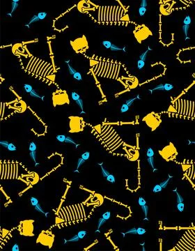 Skeleton cat pattern seamless. Cat skull and bones background. Baby fabric or Illustrazione stock