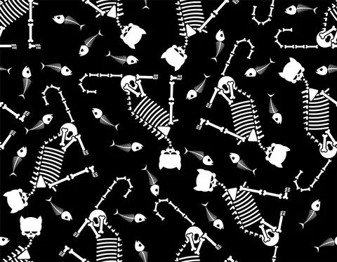 Skeleton cat pattern seamless. Cat skull and bones background. Baby fabric or 스톡 일러스트