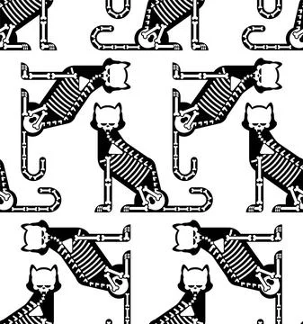 Skeleton cat pattern seamless. Cat skull and bones background. Baby fabric or イラスト素材
