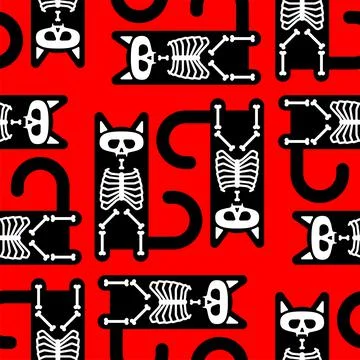 Skeleton cat pattern seamless. Skull and bones pet background. vector texture Stock Illustration