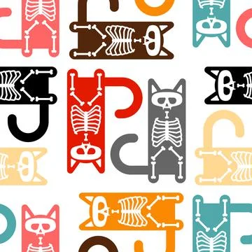 Skeleton cat pattern seamless. Skull and bones pet background. vector texture Stock Illustration