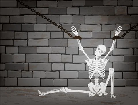 Skeleton chained in dungeon. Prisoner dying of hunger in terrible agony Stock Illustration