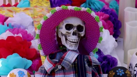 Skeleton with crochet hat at Dia de Los Muertos celebration. Video stock 220205039