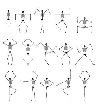 Skeleton dance set. Skull and bone dances. Different poses Vector illustratio Stock-Illustration