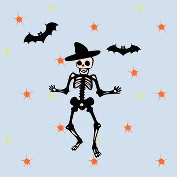 A skeleton is dancing in the air with a hat on and surrounded by bats Stock Illustration