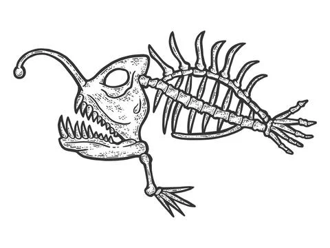 The skeleton of a deep sea fish, a predator. Engraving vector illustration. Stock Illustration