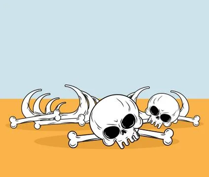 Skeleton in desert. Skull and bones lying on yellow sand. Dead desert landsca Stock Illustration