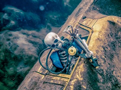 Skeleton in diving gear at the bottom of the quarry Stock Photos
