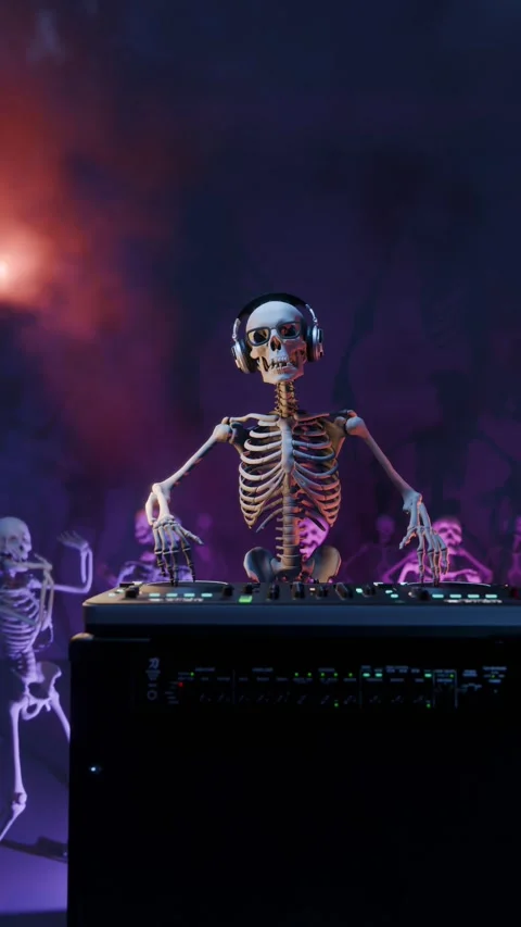 Skeleton DJ at the mixing console and da... | Stock Video | Pond5