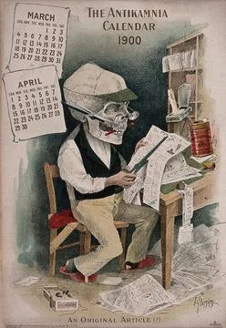 A skeleton dressed as a writer cutting out newspaper articles. Lithograph b.. Stock Illustration