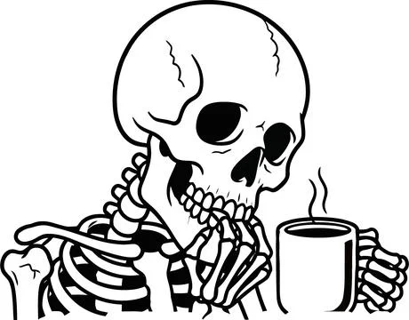 Skeleton drinking hot coffee, illustration of death and morning routine イラスト素材