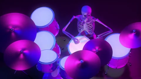 Skeleton Drummer Playing Drum Set in Pink and Blue Lights - Shallow DOF - 3D Stock Footage 142561590