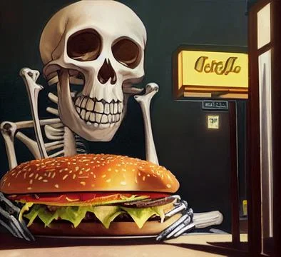 The skeleton eats fast food. Burger and fried potatoes. Concept on the topic of Illustration