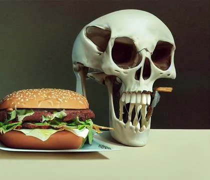 The skeleton eats fast food. Burger and fried potatoes. Concept on the topic of Stock Illustration