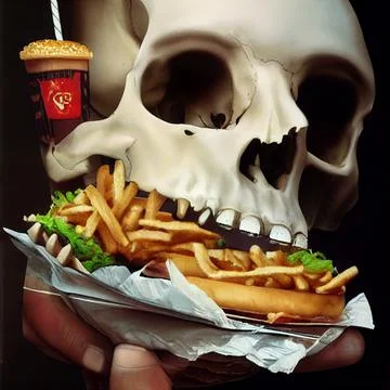 The skeleton eats fast food. Burger and fried potatoes. Concept on the topic of Illustration