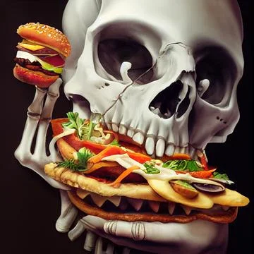The skeleton eats fast food. Burger and fried potatoes. Concept on the topic of Illustration