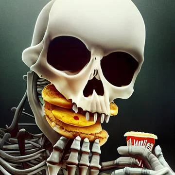 The skeleton eats fast food. Burger and fried potatoes. Concept on the topic of Illustration