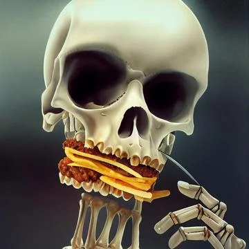 The skeleton eats fast food. Burger and fried potatoes. Concept on the topic of Illustration