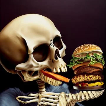 The skeleton eats fast food. Burger and fried potatoes. Concept on the topic of Illustration