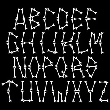 Skeleton effect decorative alphabet on black background. Illustrazione stock