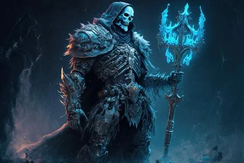 Skeleton evil ice knight standing in a dark-foreboding-frozen-crypt holding.. 스톡 일러스트
