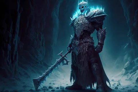 Skeleton evil ice knight standing in a dark-foreboding-frozen-crypt holding.. 스톡 일러스트