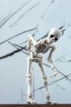 Skeleton figurine is held lower back. Radiculitis, backpain, vertebra illness Stock Photos