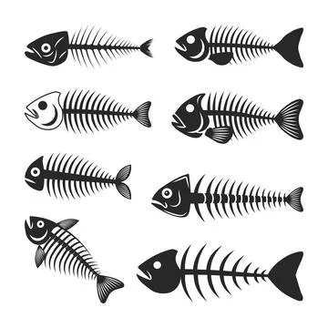 Skeleton Fish Icons Set Silhouette, Fish Skeleton Bones Elements Stock-Illustration