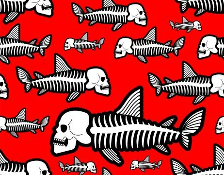 Skeleton of fish with skull pattern seamless. Vector texture Illustrazione stock