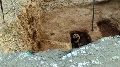 Skeleton found at construction site during excavation work in urban area Stock Photos