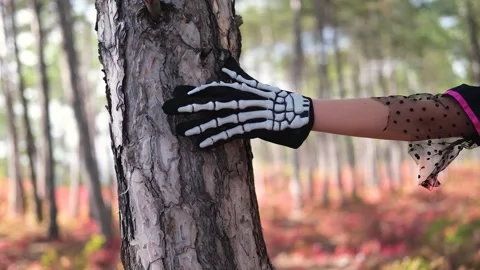 A skeleton gloved hand moves slowly up a tree in the forest. Stock Footage 217958099