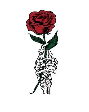 Skeleton Hand Gripping Long Stemmed Red Rose Stock Illustration