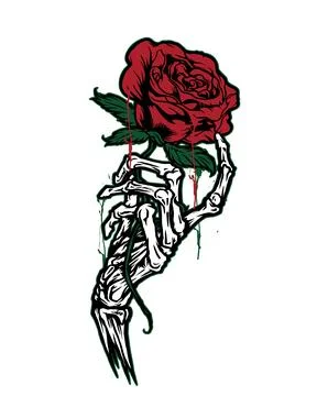 Skeleton Hand Holding Dripping Red Rose Tattoo Art Stock Illustration