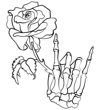 Skeleton hand holding a rose in calligraphic style Stock Illustration