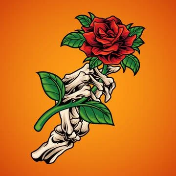 Skeleton hand holding rose Stock Illustration