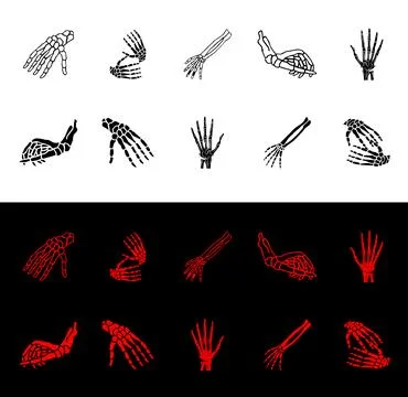 Skeleton hand icon set in black and red color. Human skeleton bone hands. V.. Illustrazione stock