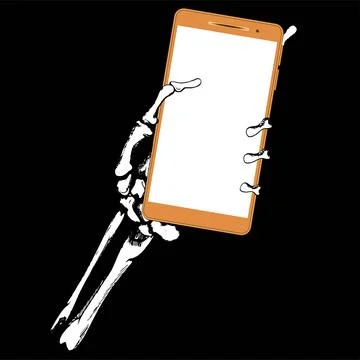 Skeleton hand with orange smartphone. Empty space on screen. Illustrazione stock