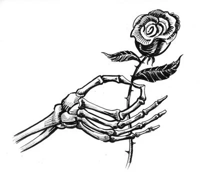 Skeleton hand with a rose flower Illustrazione stock