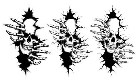 Skeleton Hands Breaking Through Wall Tattoo Design in Black and White Stock Illustration