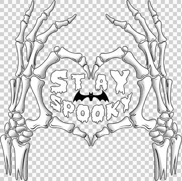 Skeleton hands making heart shape with stay spooky text, flying bat Illustrazione stock