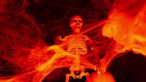 Skeleton hanging from a web in red  flickering light in the darkness. Stock Footage 317106879