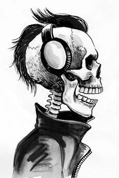 Skeleton in headphones Illustrazione stock